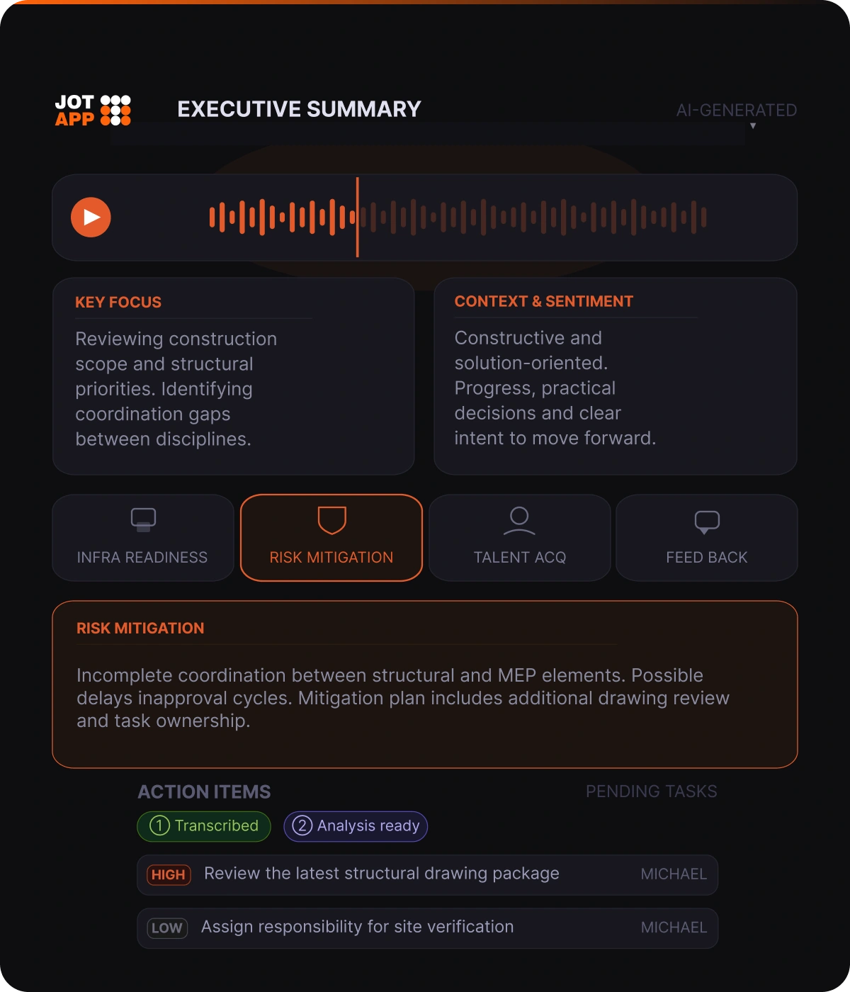 J.O.T APP AI project management tools generating meeting summary and action items