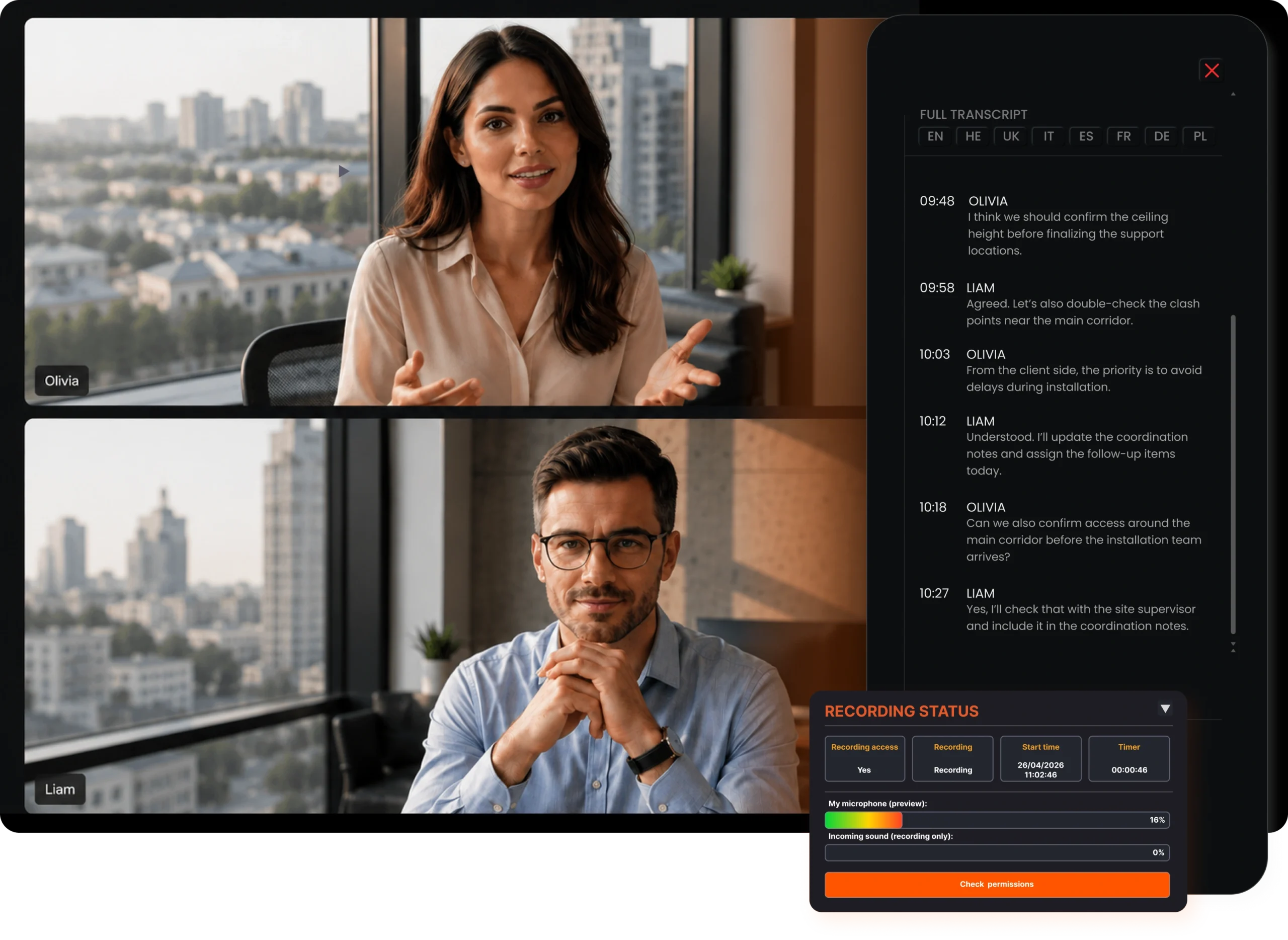 J.O.T APP AI Note Taker interface showing full transcript and recording status within AI project management tools