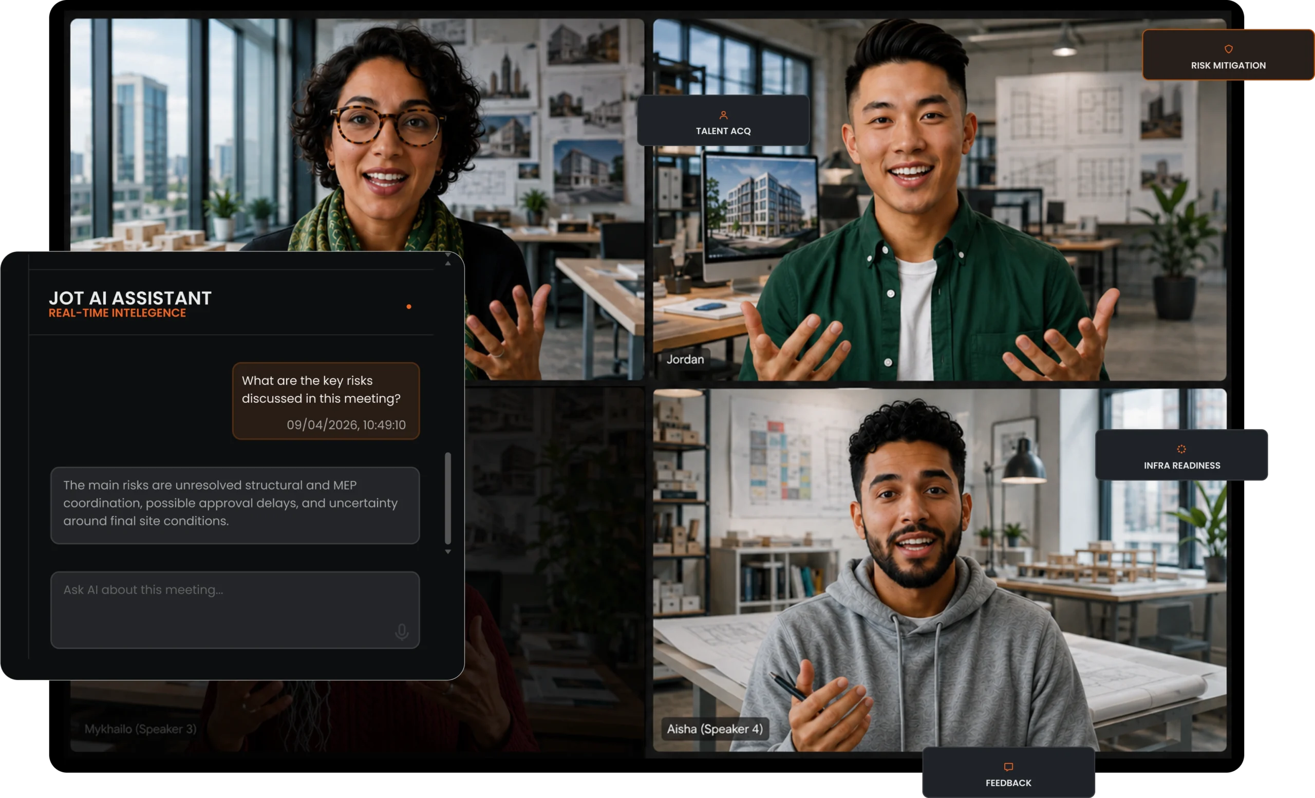 J.O.T APP interactive Ask AI assistant panel and real-time meeting intelligence within AI project management tools