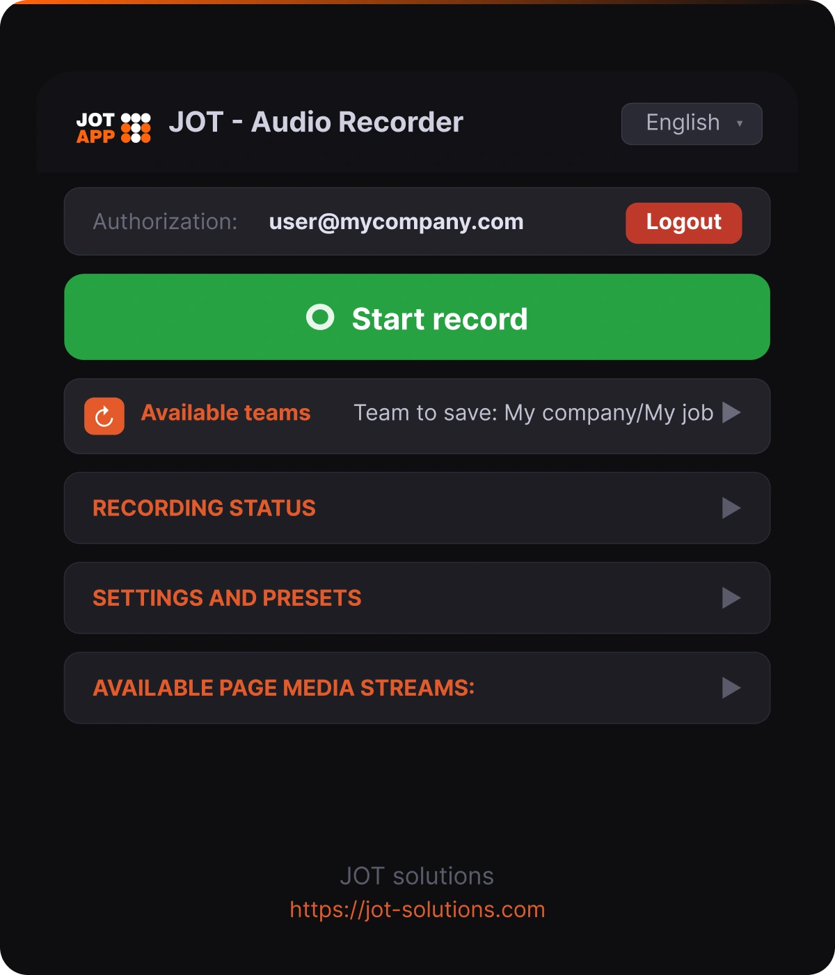 J.O.T APP meeting recording audio interface and AI project management tools