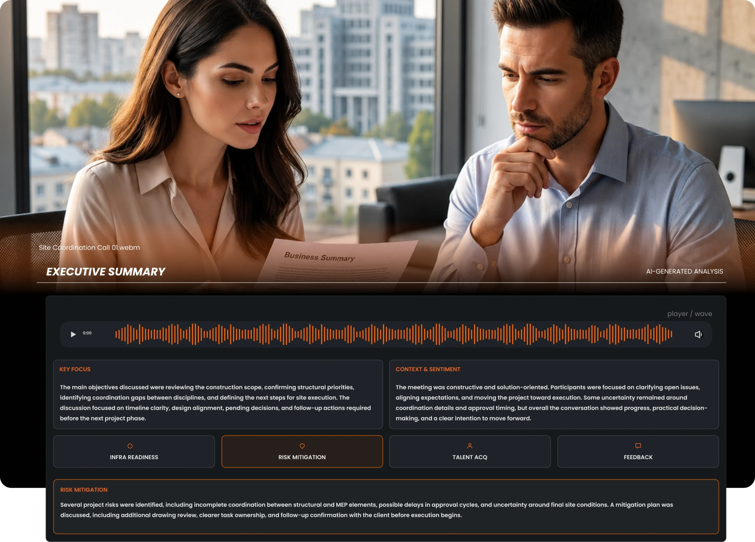 J.O.T APP AI project management tools generating automated meeting summary, key focus, and risk mitigation analysis