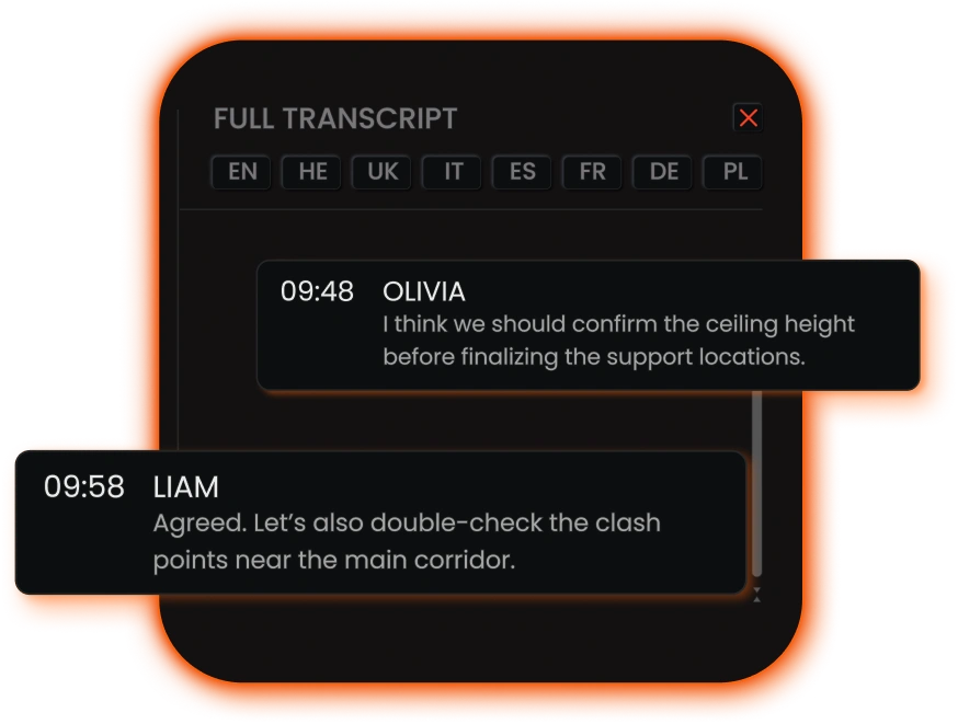 J.O.T APP meeting full transcript card with timestamps in AI project management tools