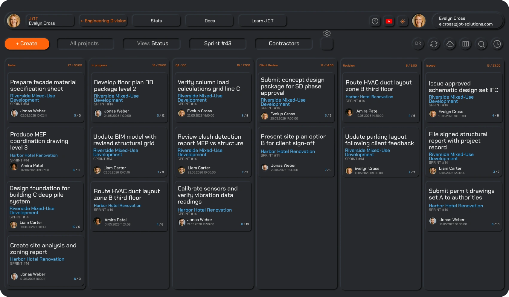 J.O.T APP kanban board example — AEC project team