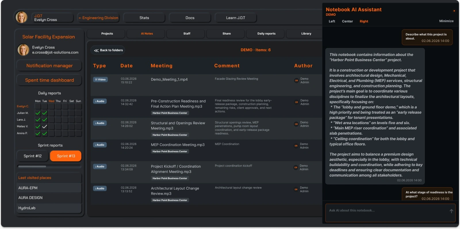 J.O.T APP AI Project Assistant dashboard with Notebook AI Assistant analyzing meeting audio files and project data