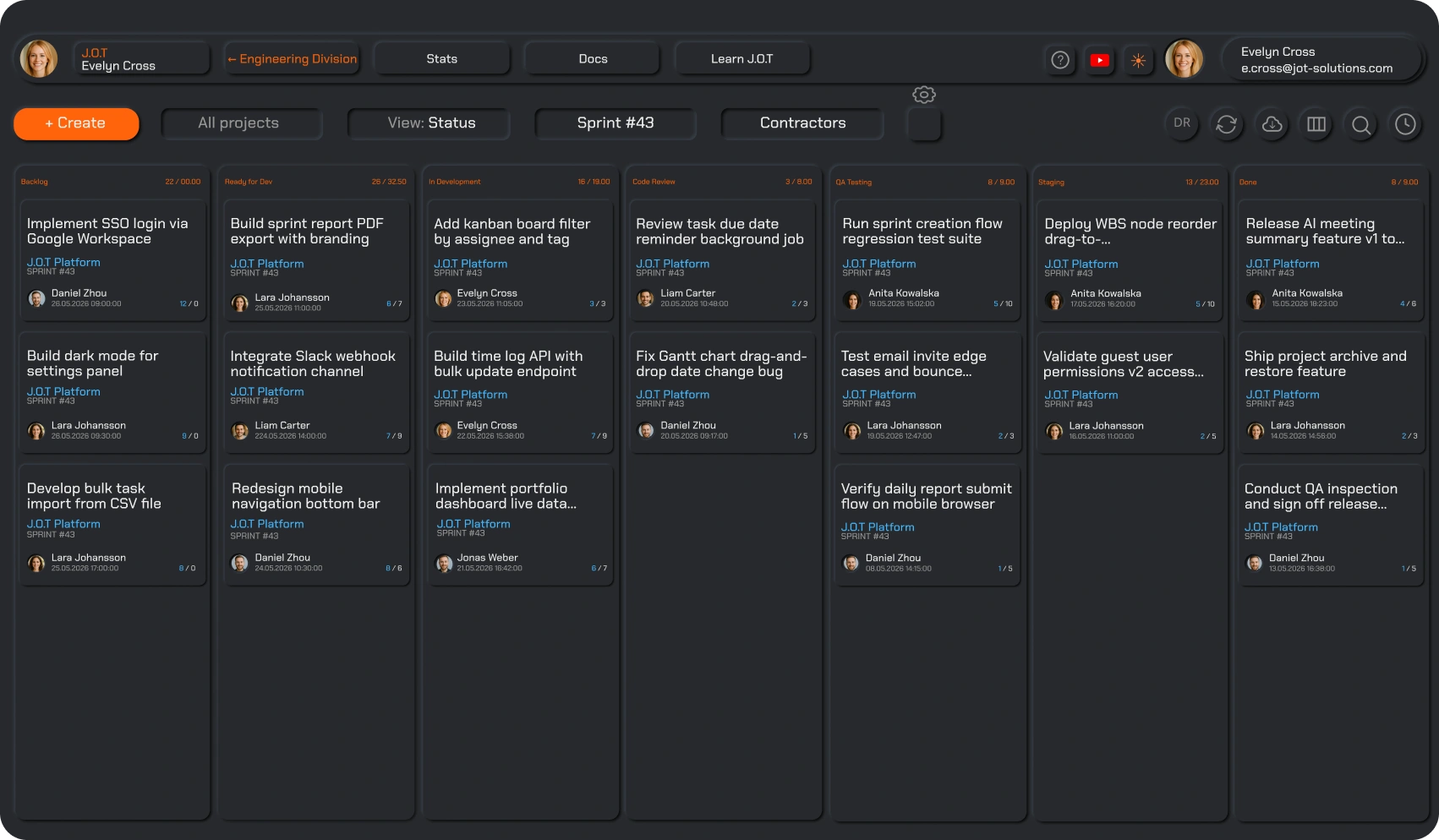 J.O.T APP kanban board example — software development team